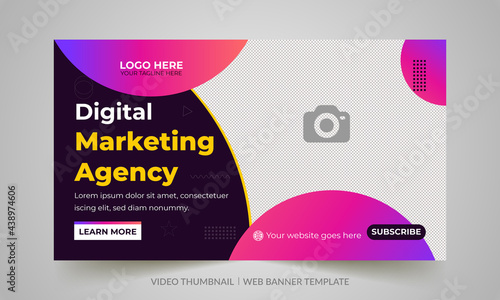 Digital marketing agency video thumbnail and web banner design. Video cover photo fully editable for social media. Customizable web banner template and thumbnail
