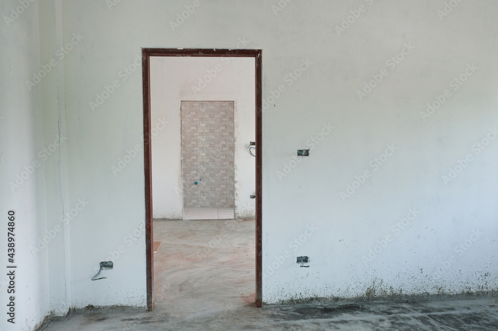 New house big open door structure. white lintel plaster intterior design. Empty room in home.