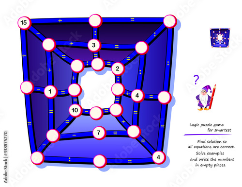 Logic puzzle game for smartest. Find solution so all equations are correct. Solve examples and write the numbers in empty circles. Mathematical maze. Brain teaser book. Memory training for seniors.