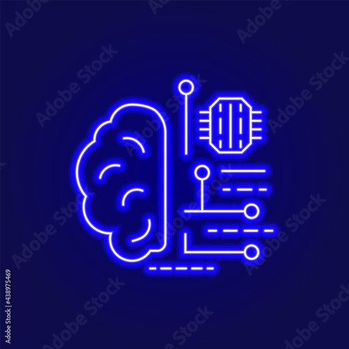 Digital brain outline neon icon. Microchip in the brain, brain robotics technology