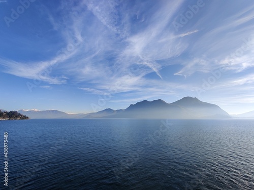 Beautiful view Lago Maggiore and Alps in winter near Verbania Italy 