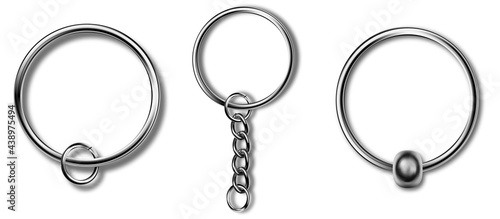 Leather keychain, trinket keyring mockup. Keyholder and breloque illustration. Keyring holders isolated on white background. Blank accessory.