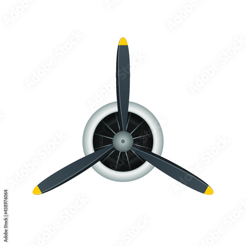 Plane blade propeller isolated on white background. Vintage airplane propeller with radial engine. Turbine icon, fan blade, wind ventilator, equipment generator. Vector illustration