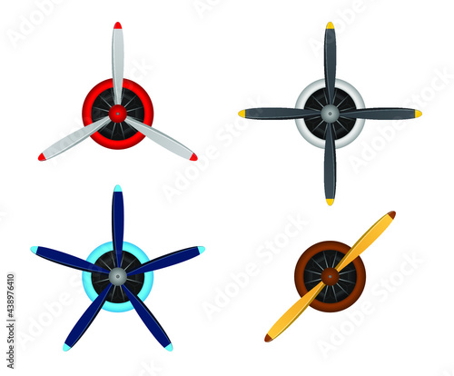 Plane blade propeller set isolated on white background. Vintage airplane propeller icons with radial engine. Turbines icons, fan blade, wind ventilator, equipment generator. Vector illustration