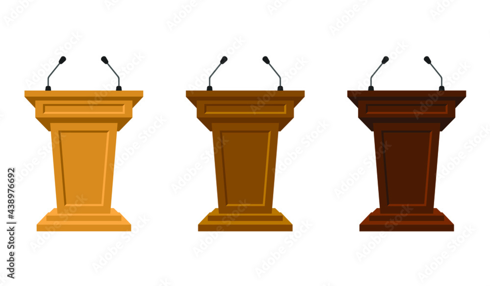 Wooden set of three colored tribunes stand rostrum with microphones. Podium or pedestal stand for speech or public pulpit for orator. Tribute for press conference or media, politics communication Wooden set of three colored tribunes stand rostrum with microphones. Podium or pedestal stand for speech or public pulpit for orator. Tribute for press conference or media, politics communication