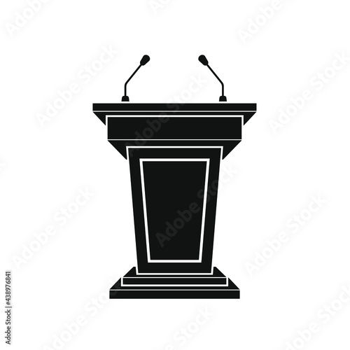 Black tribune icon stand rostrum with microphones on white background. Podium or pedestal stand for speech or public pulpit for orator. Tribute for press conference or media, politics communication.