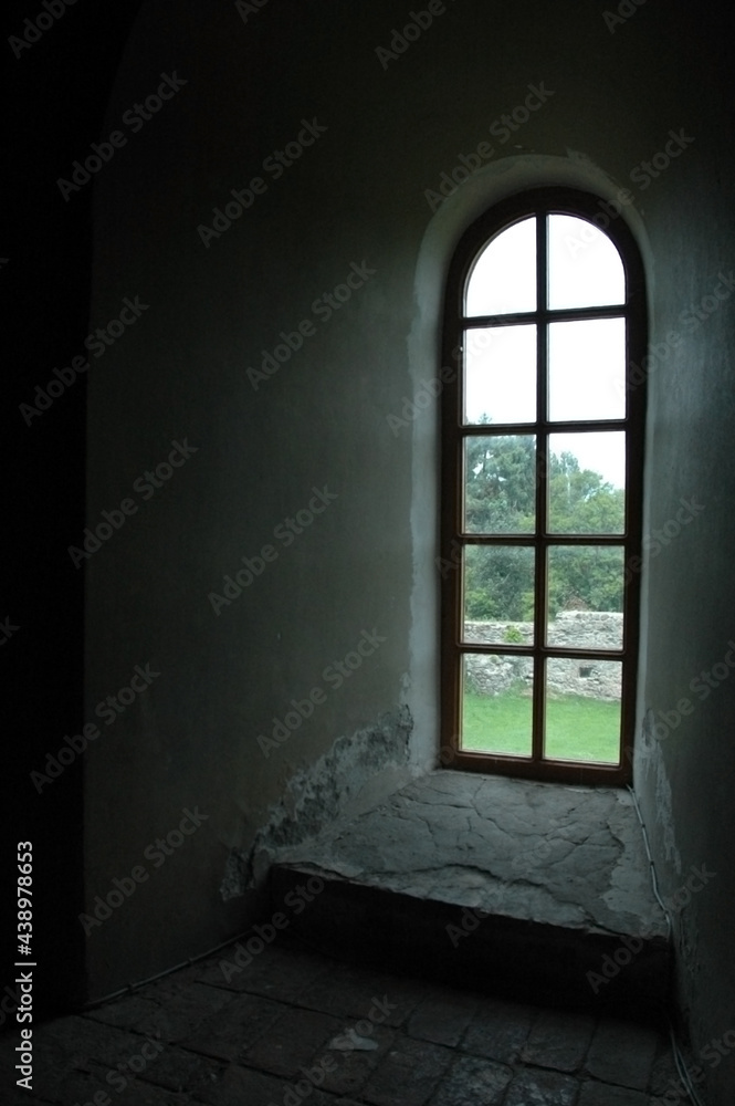 window of a medieval temple in Pitsunda. Black and white. They made an ancient temple. Abkhazia.