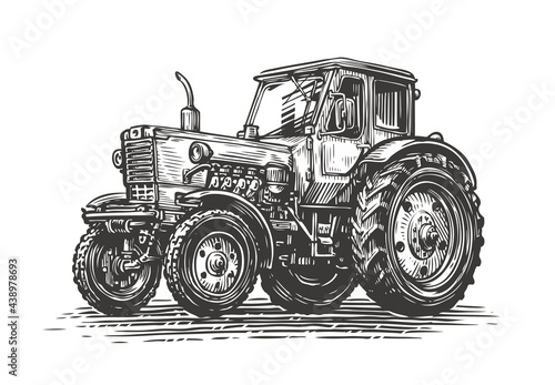 Farm tractor sketch. Agricultural industry, farming concept. Vintage vector illustration