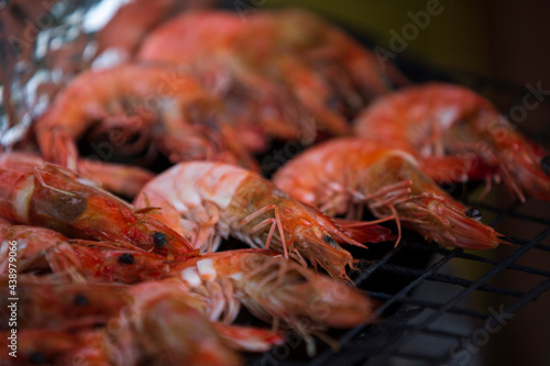 Close up shrimps on the grill