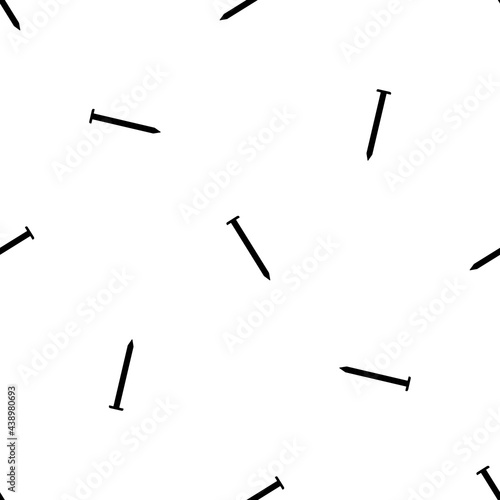 Seamless pattern of repeated black metal nail symbols. Elements are evenly spaced and some are rotated. Vector illustration on white background
