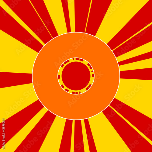 Record media symbol on a background of red flash explosion radial lines. The large orange symbol is located in the center of the sun, symbolizing the sunrise. Vector illustration on yellow background