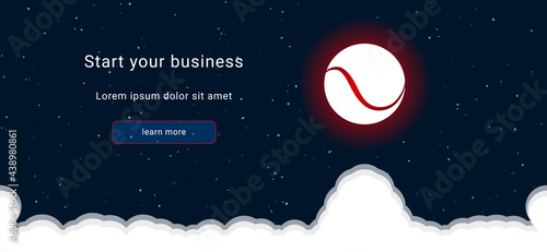 Business startup concept Landing page screen. The tennis ball on the right is highlighted in bright red. Vector illustration on dark blue background with stars and curly clouds from below