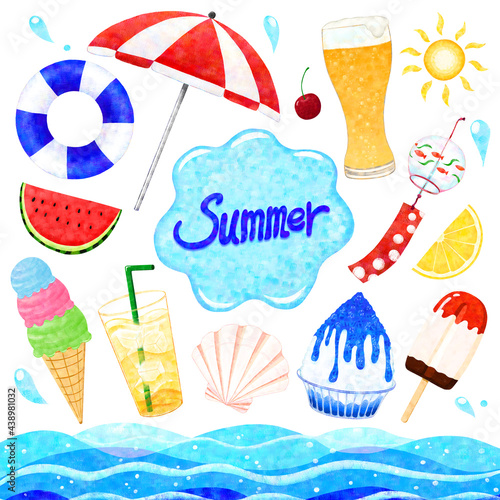                    Summer set of design elements summer sweets  drinks  beach set  splash. Illustration