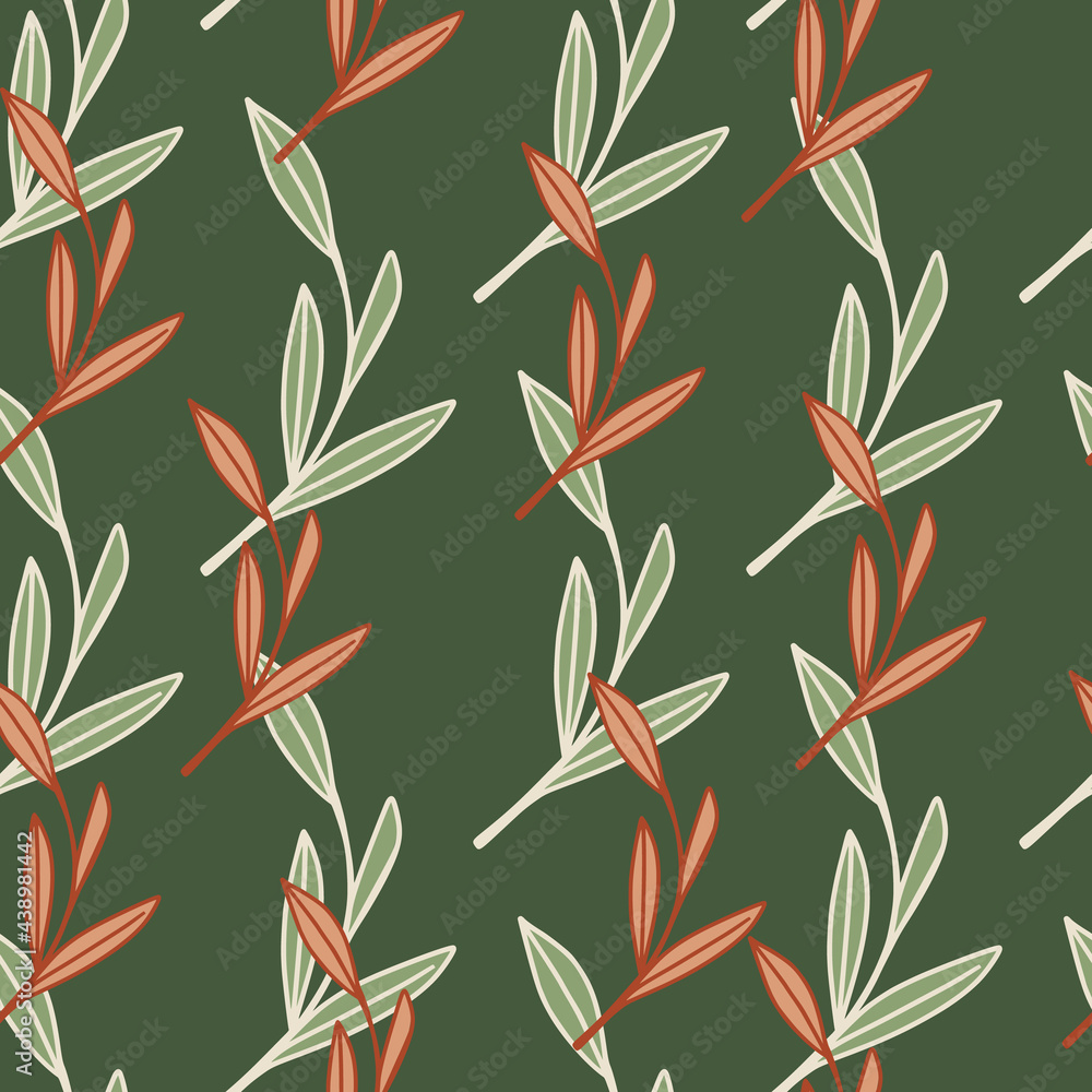 Decorative seamless doodle pattern with herbal pink and white outline foliage shapes. Green background. Decorative seamless doodle pattern with herbal pink and white outline foliage shapes. Green background.