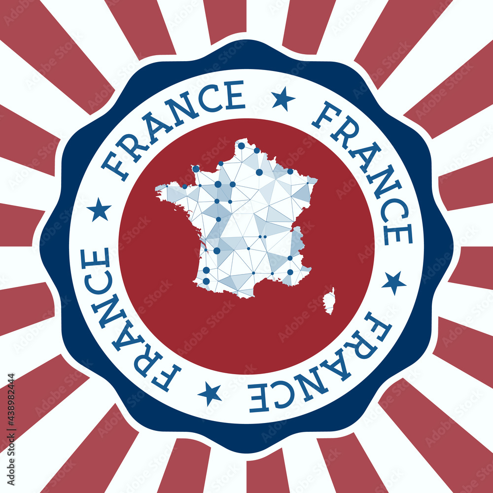 France Badge. Round logo of the country with a triangular mesh map and radial rays. EPS10 Vector. France Badge. Round logo of the country with a triangular mesh map and radial rays. EPS10 Vector.