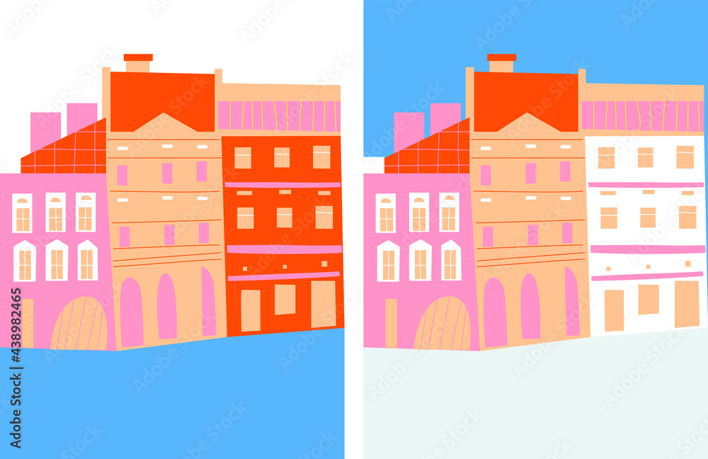 Urban landscape drawing vector.  Abstract architecture background geometric style. Cartoon vector buildings illustration.Trendy homes with windows, roof. Two banner. Colored flat vector illustration.