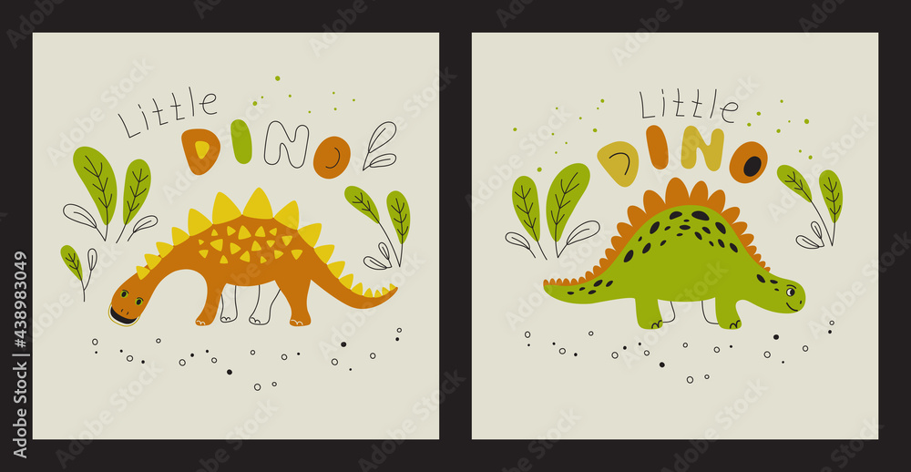 Fototapeta Different dinosaurs on a light background  - set of prints. Vector Print for kids, baby, children