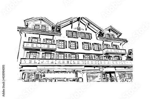 Building view with landmark of Gstaad is an upscale resort town in the Bernese Oberland region of the Swiss Alps.. Hand drawn sketch illustration in vector.