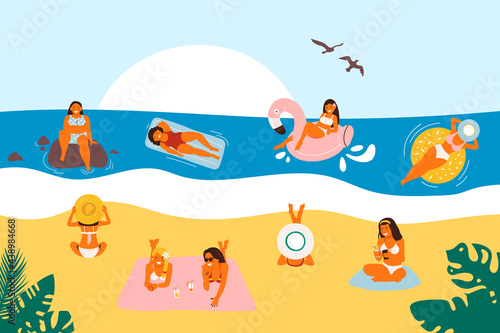 Summer vacation on the beach, vector illustration. Flat sea holiday activities, women, people travel in sandy design. Cartoon ocean leisure, man having fun and outdoors