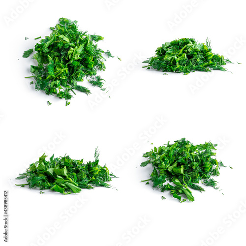 Greenery. Sprigs of curled parsley on a white background. Macro photo.