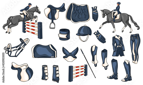 Big set of equipment for the rider and ammunition for the horse rider on horse illustration in cartoon style