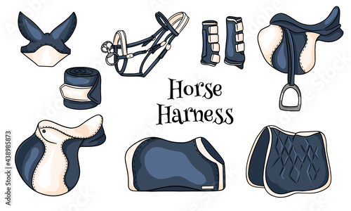 Horse harness a set of equestrian equipment saddle bridle blanket protective boots in cartoon style