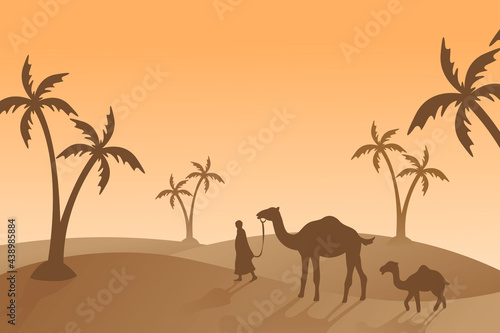 camel and people islamic background  illustration wallpaper  eid al adha holiday  beautiful landscape  palm tree  sand desert  vector graphic