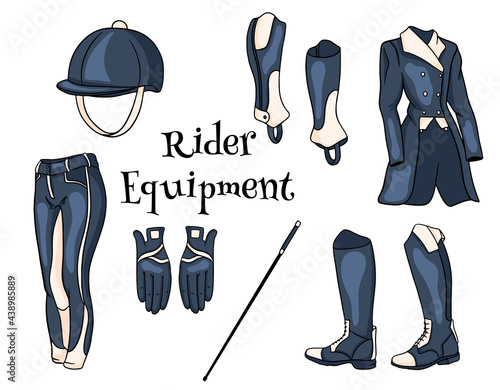 Outfit rider a set of clothes for a jockey boots pedjak pants whip helmet in cartoon style