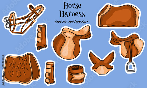 Horse harness a set of equestrian equipment saddle bridle blanket protective boots in cartoon style