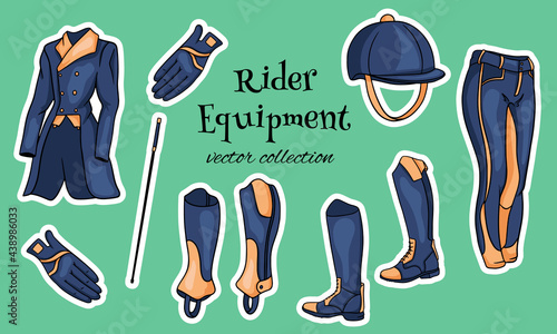 Outfit rider a set of clothes for a jockey boots pedjak pants whip helmet in cartoon style
