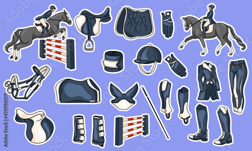 Big set of equipment for the rider and ammunition for the horse rider on horse illustration in cartoon style