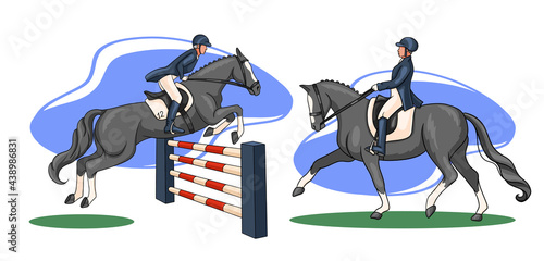 Horse Riding Woman Riding Dressage Horse in Cartoon Style