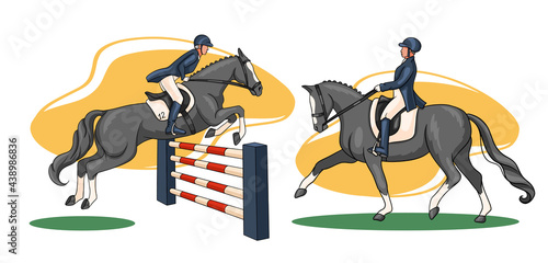 Horse Riding Woman Riding Dressage Horse in Cartoon Style