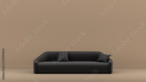Interior room with monochrome black and glossy leather single sofa in tan  sienna brown color room  single color furniture  3d Rendering