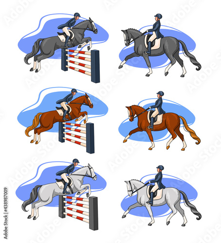 Horse Riding Woman Riding Dressage Horse in Cartoon Style