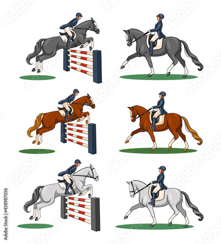 Horse Riding Woman Riding Dressage Horse in Cartoon Style