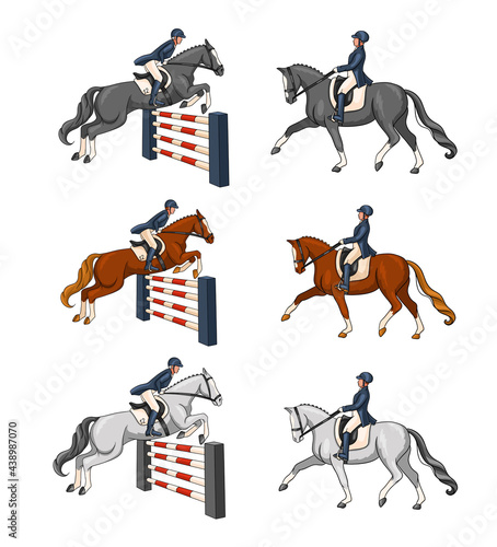 Horse Riding Woman Riding Dressage Horse in Cartoon Style