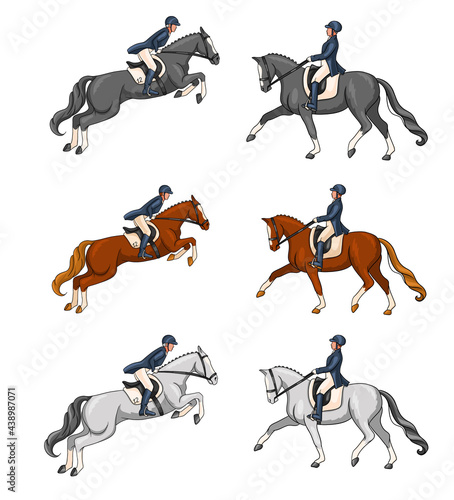 Horse Riding Woman Riding Dressage Horse in Cartoon Style