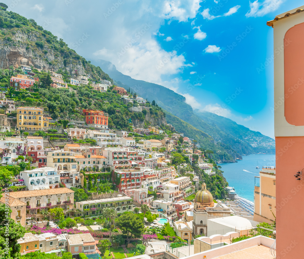 Panoramic view of world famous Positano shore on a sunny day