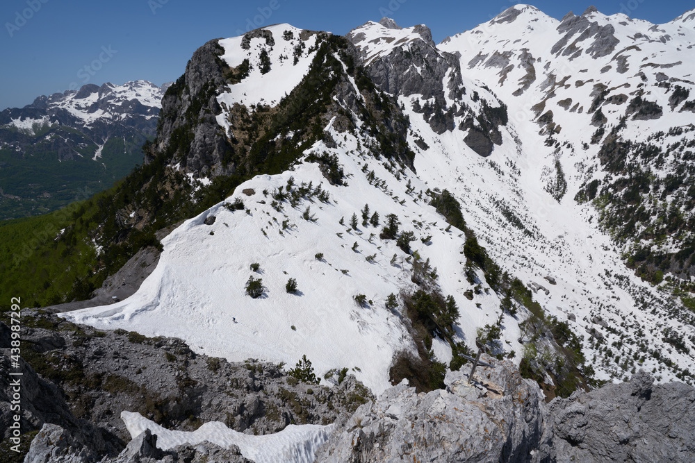 Mountain landscape in the remote village of Theth, hiking path from theth to valbona