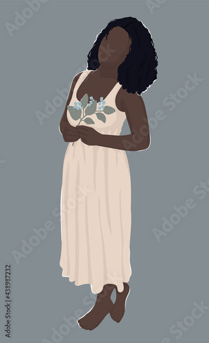 African woman holding a flower in her hands. modern vector flat illustration. for postcard, poster, banner, cover