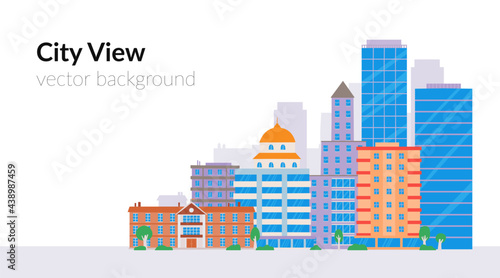 Cartoon city landscape vector background isolated on white. Multicolor flat style town residential buildings, skyscraper, trees. Horizontal urban banner with copy space. Trendy stock illustration