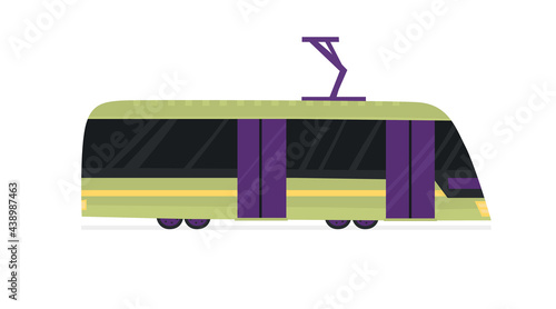 Modern city tram wagon vector illustration. Cartoon flat transport isolated on white background. Hand drawn public urban vehicle in side viewм