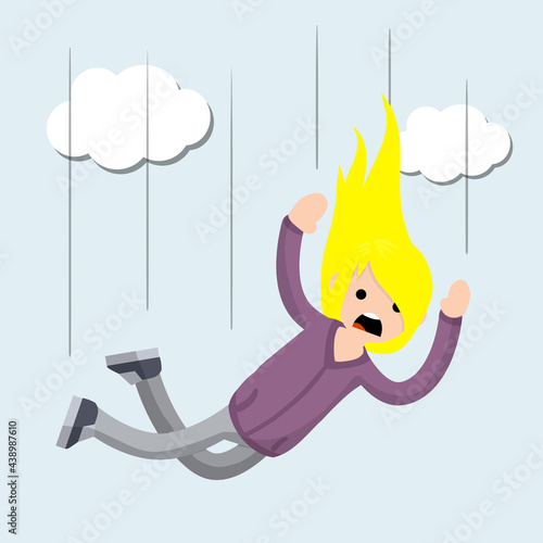 Cartoon flat illustration - screaming woman falls from height. Drop young girl. Flight among clouds. The horror and fear of heights - phobia Acrophobia.