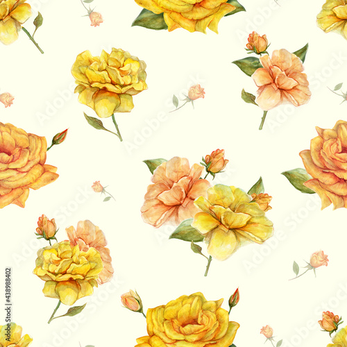 Seamless Watercolor Vintage Pattern with Yellow and Pink-yellow roses in warm pastel colors. Maybe use for wallpaper  textile or card  wedding design.