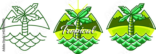 Tropical Beach with single palm tree and two mountain vector illustration logo, with three options output