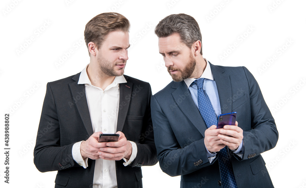 two business colleagues in suit use phone for negotiation isolated on white, online communication two business colleagues in suit use phone for negotiation isolated on white, online communication