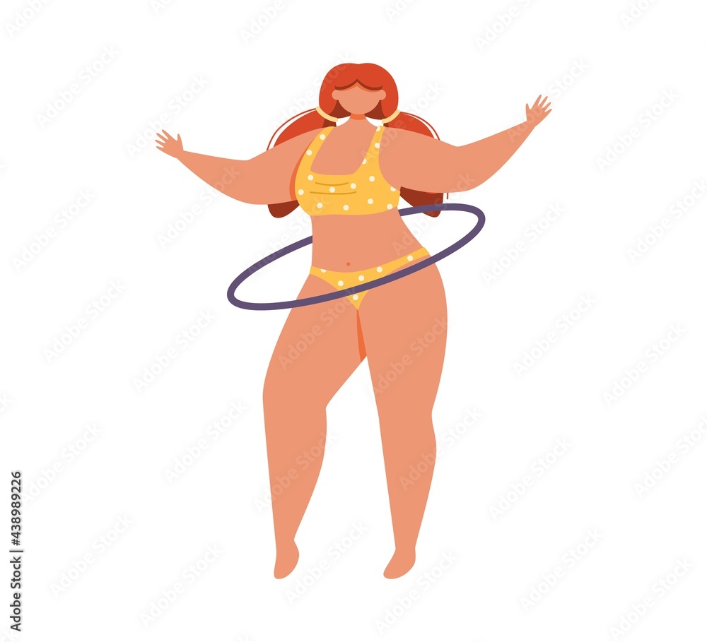A young woman in a yellow swimsuit spins a hula hoop. A young woman in a yellow swimsuit spins a hula hoop.