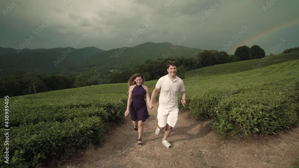 beautiful couple kissing and posing against the background of tea plantations beautiful couple kissing and posing against the background of tea plantations