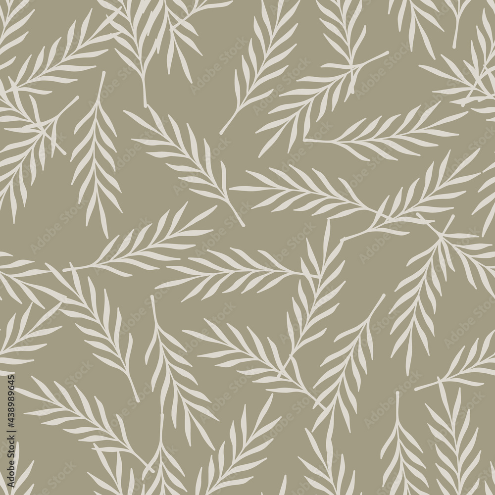 Simple grey random leaf twigs seamless doodle pattern in hand drawn style. Beige background.